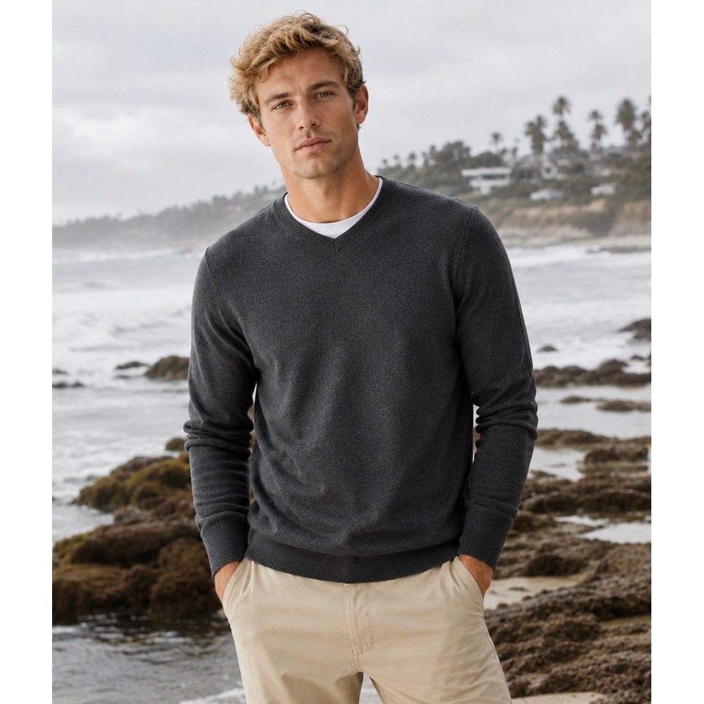 J.Crew Men's Large Charcoal Gray V Neck Sweater‎ 100% Cotton Lightweight Preppy